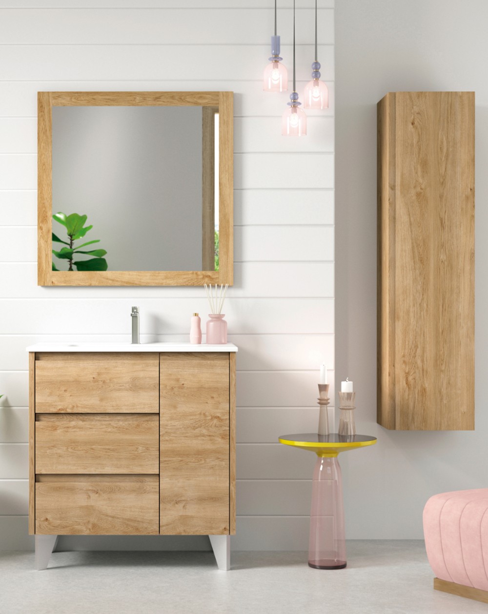 Baño con muebles de malla de mimbre, gabinete de madera con puerta de  espejo, lavabo de porcelana de diseño profundo y puerta de madera de peral