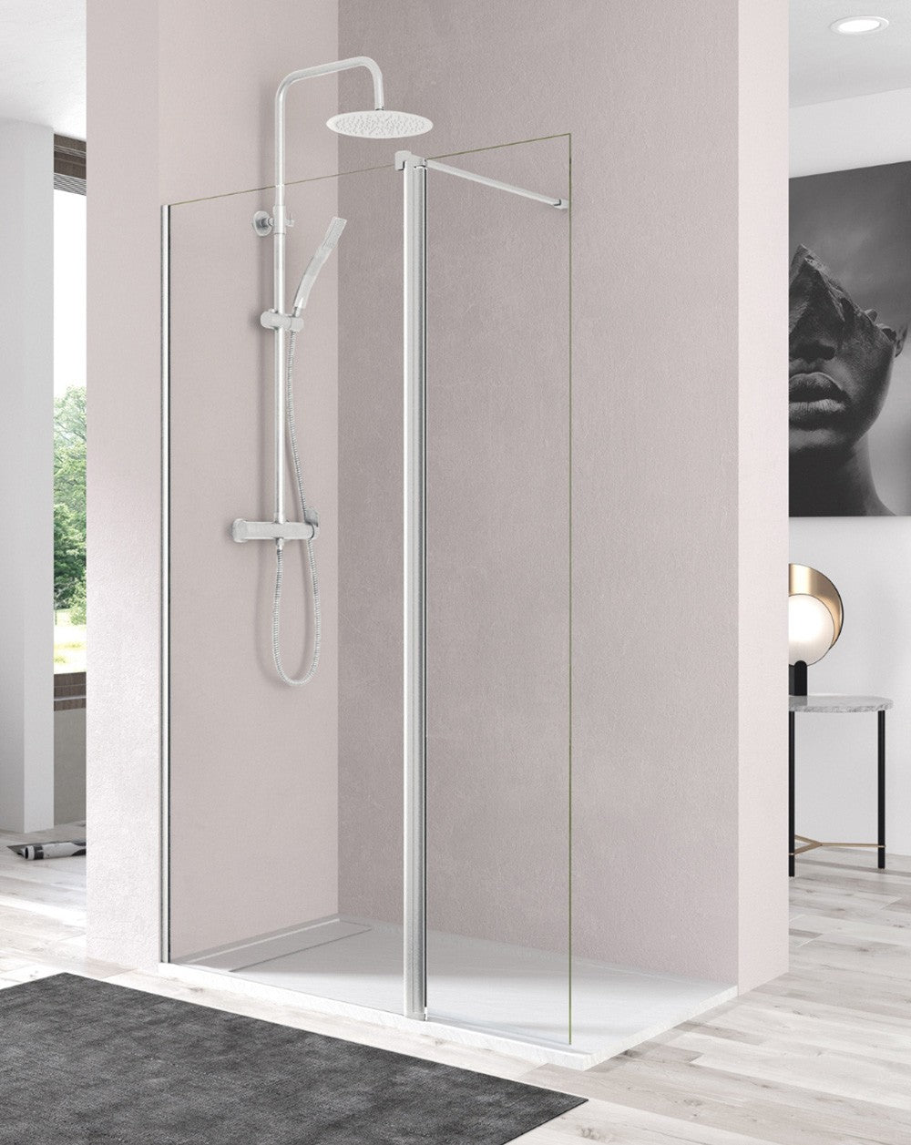 Paroi de douche frontale fixe Manacor + porte pliante avec profil pivotant à 180º | Verre 6mm | Anti-calcaire | Hauteur 195cm | Chrome brillant - 