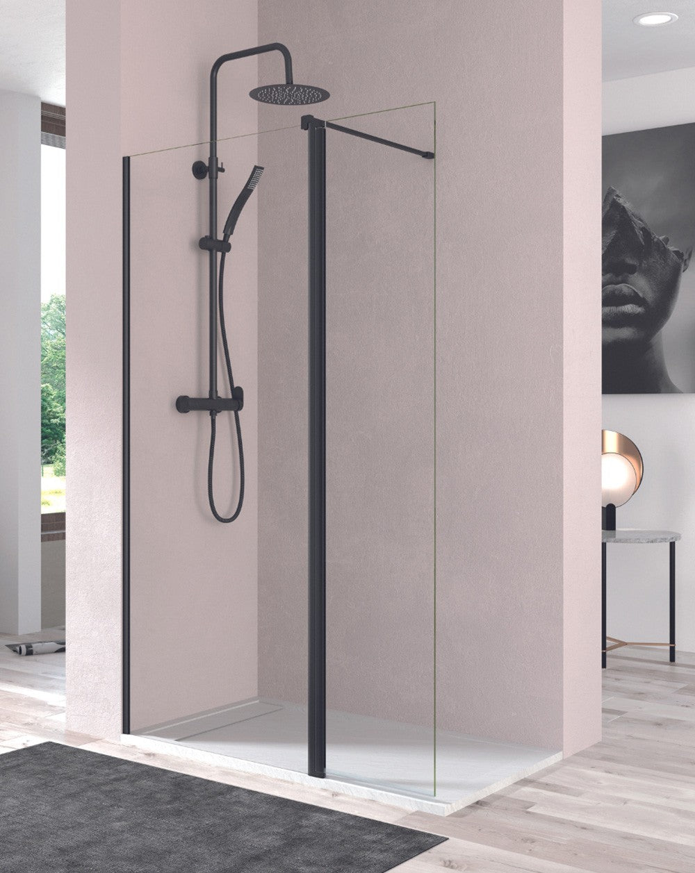 Manacor Fixed Front Shower Screen + Folding Door with 180º Pivoting Profile | 6mm Glass | Anti-limescale | Height 195cm | Matte Black - 