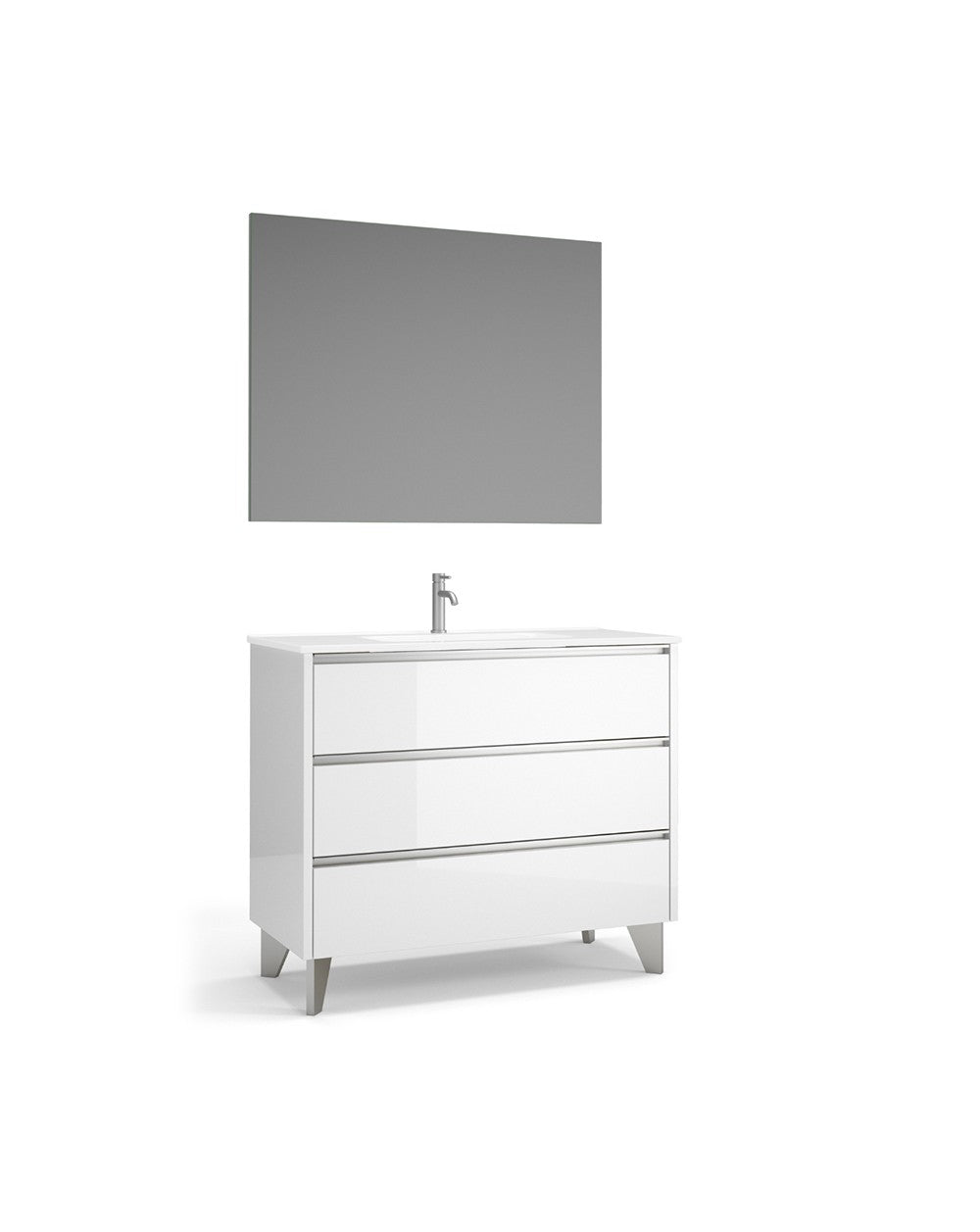 Scorpio Floor Standing Bathroom Cabinet with Mirror and Ceramic Sink | 3 Drawers with Soft Close and Organizer | Glossy White  - 