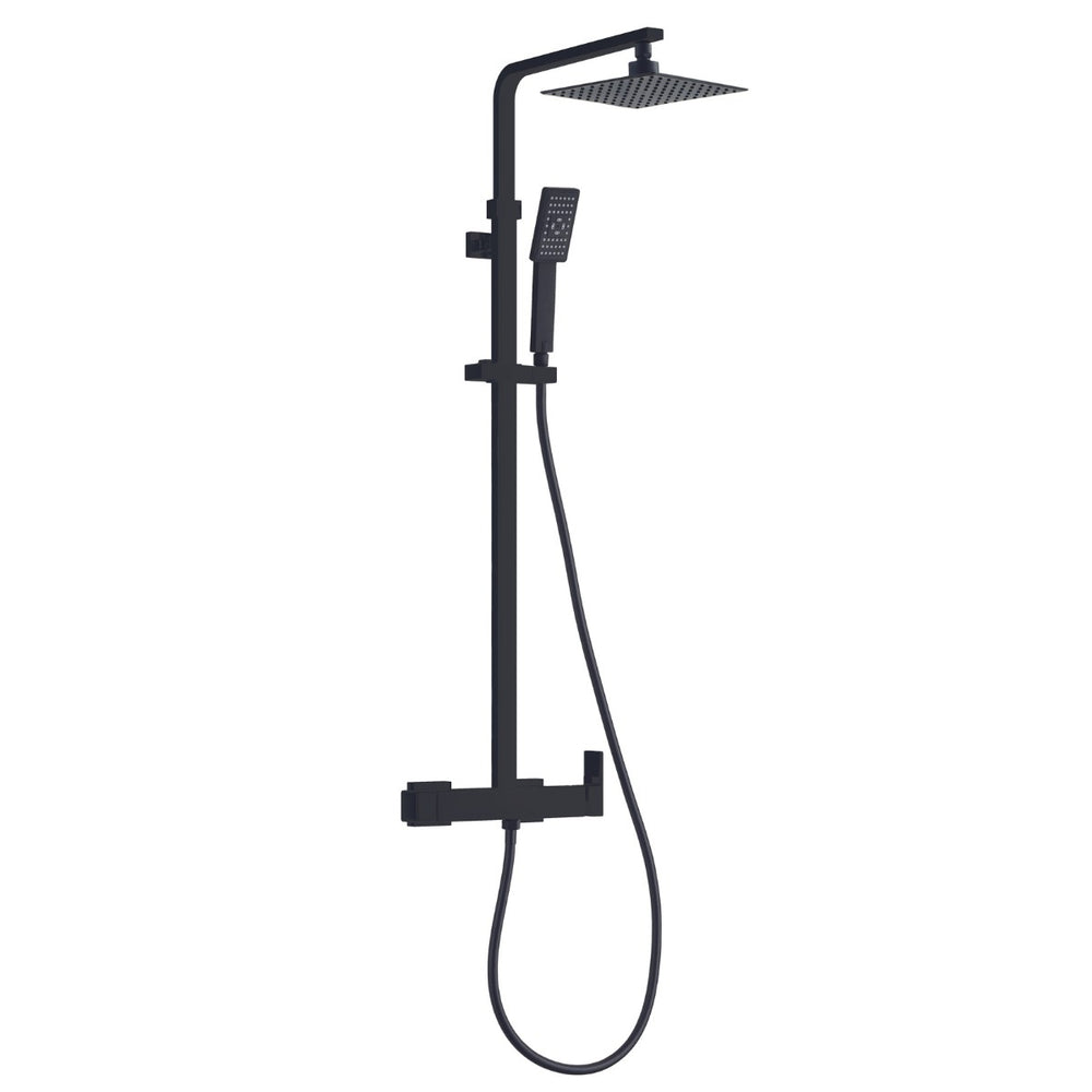 Colonne de douche carrée à levier unique Skara | Extensible avec tuyau de robinet, pomme de douche et pulvérisateur de pluie carré 25x25cm | Noir - 