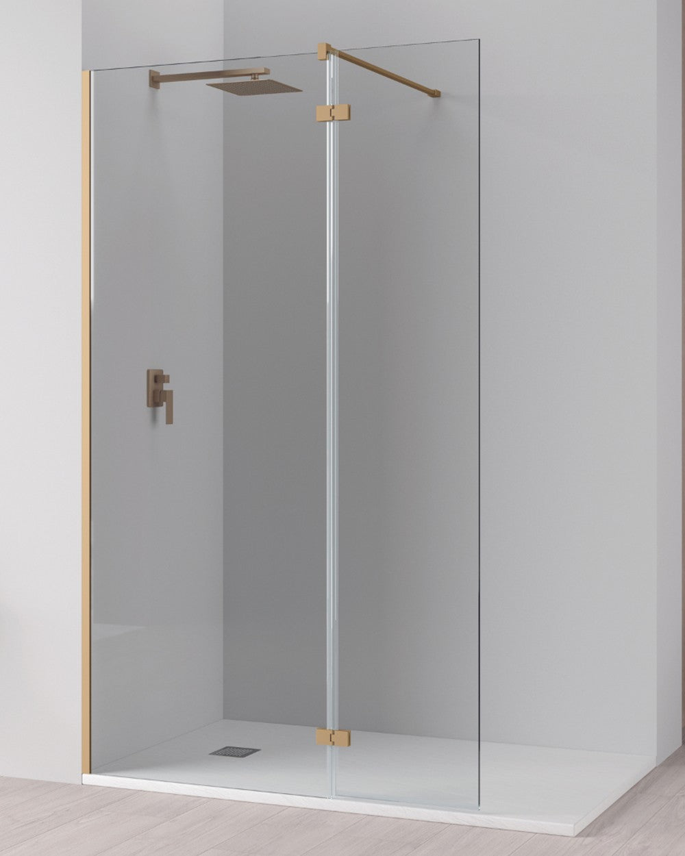 Paroi de douche fixe Manacor + 1 porte pliante | Verre trempé anticalcaire 6 mm | 195 cm de hauteur | Or - 