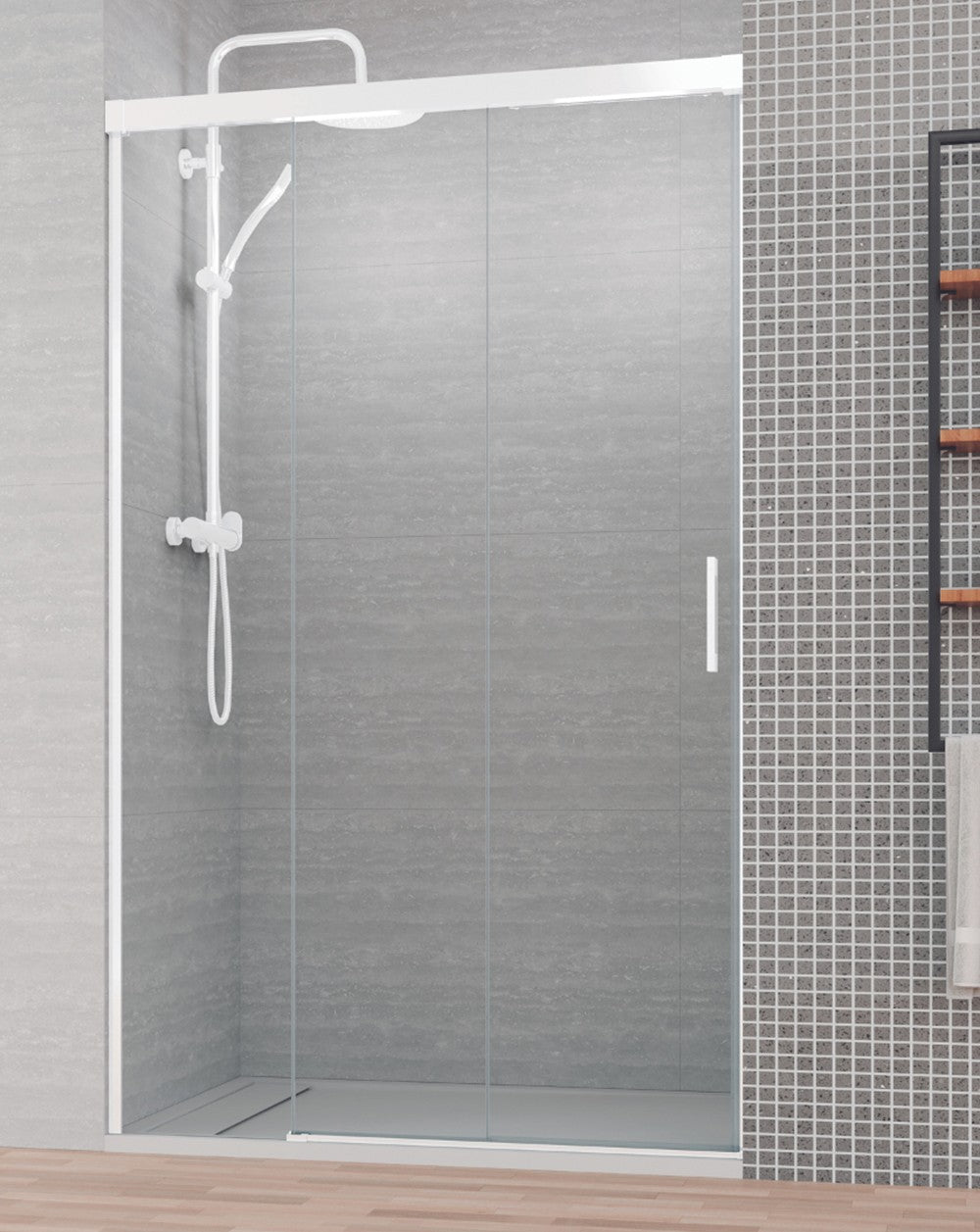 Paroi de Douche Frontale Trebol 3 Verres | 2 portes 1 fixe | Verre Trempé 6mm Anticalcaire Hauteur 195cm | Réversible | Blanc mat - 