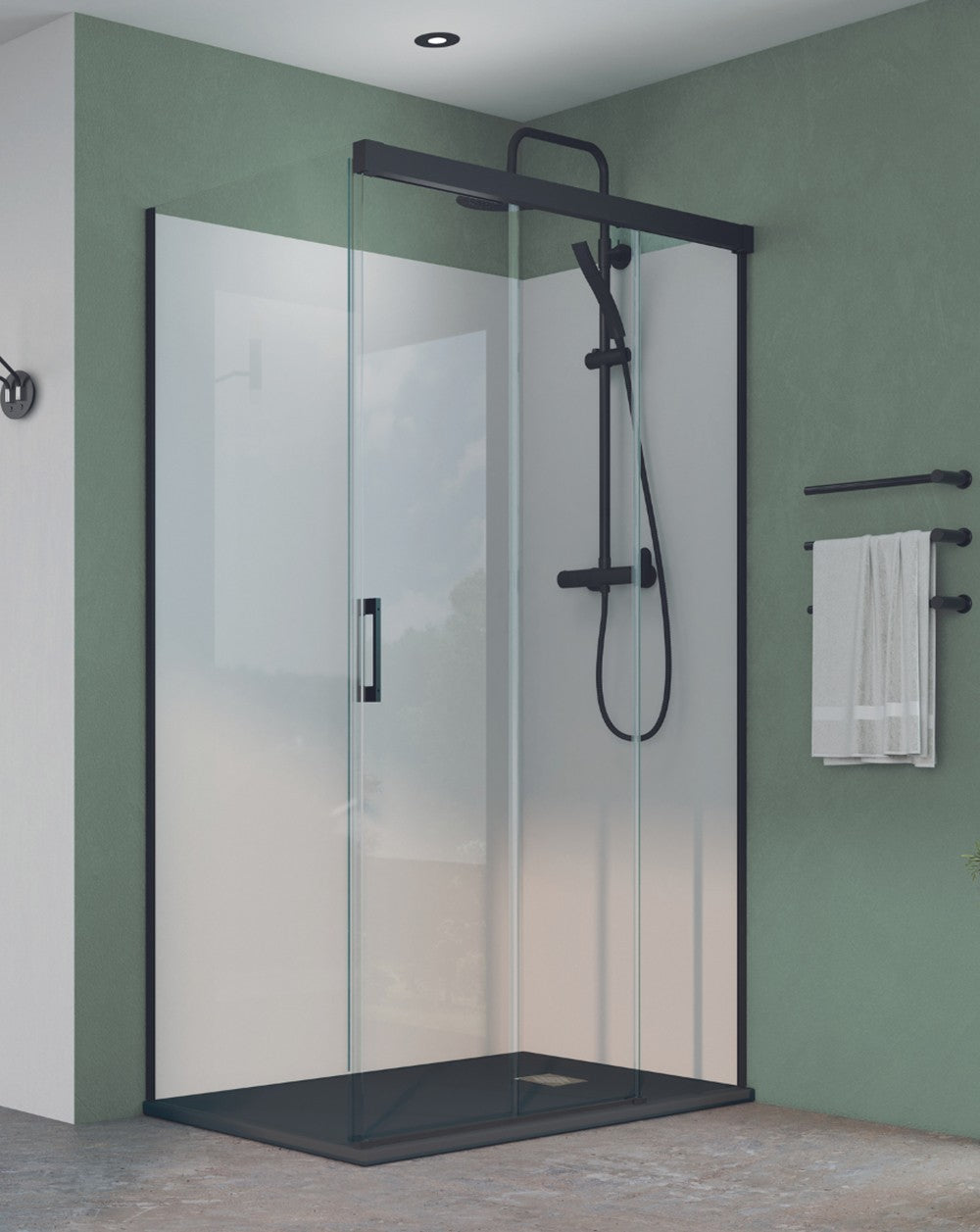 Trebol Rectangular Front Sliding Shower Screen | 3 Panels and Fixed Side | 6mm Anti-Limescale Glass Height 195cm | Matte Black - 