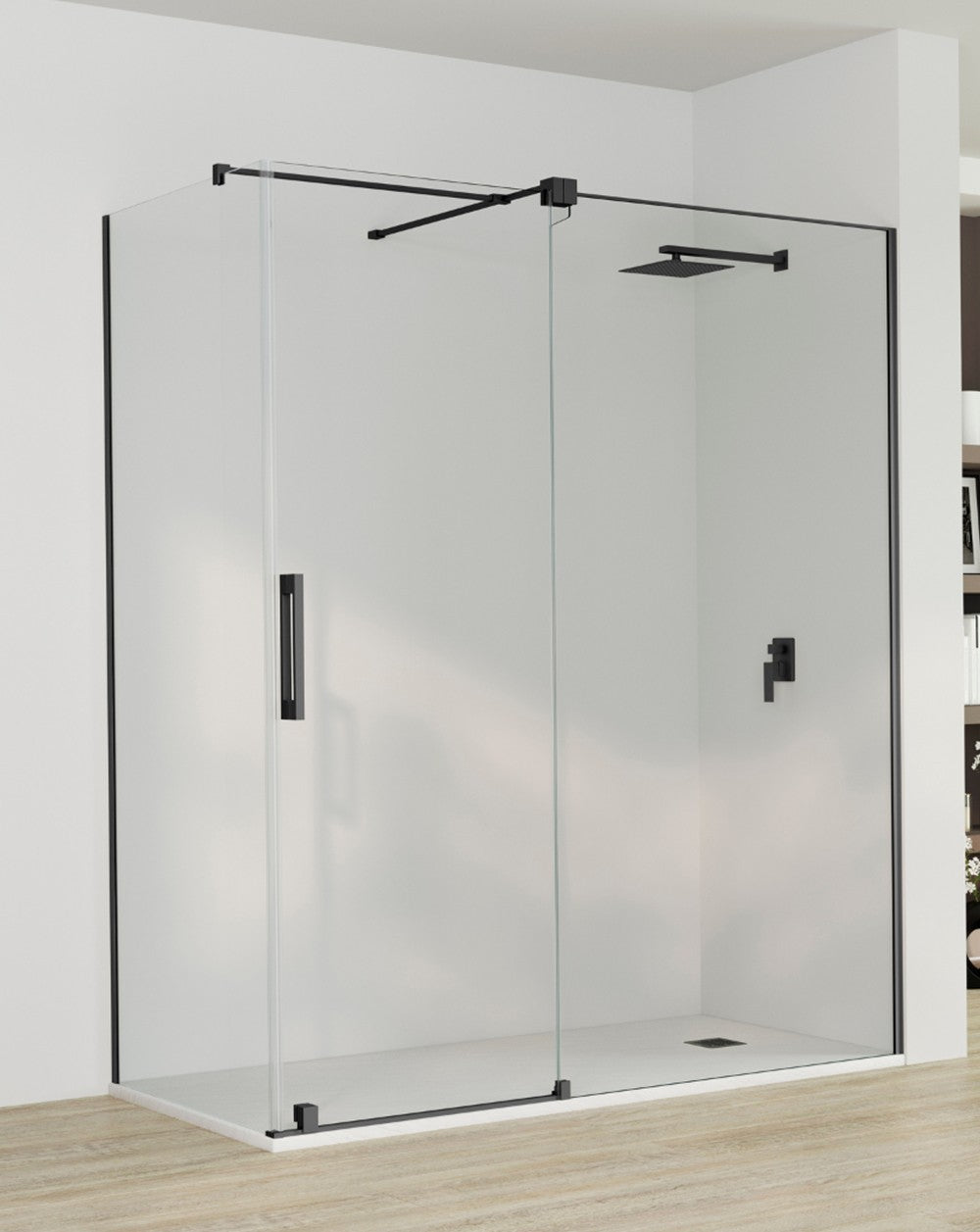 Roma Rectangular Front Sliding Shower Screen | 1 Door and Fixed Side | 8mm Anti-Limescale Glass Height 195cm | Matte Black - 