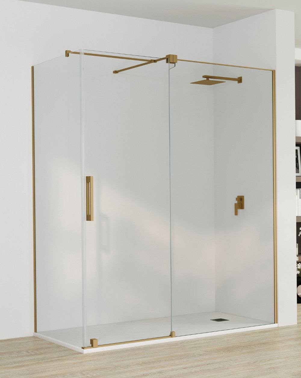 Roma Rectangular Front Sliding Shower Screen | 1 Door and Fixed Side | 8mm Anti-Limescale Glass Height 195cm | Gold - 