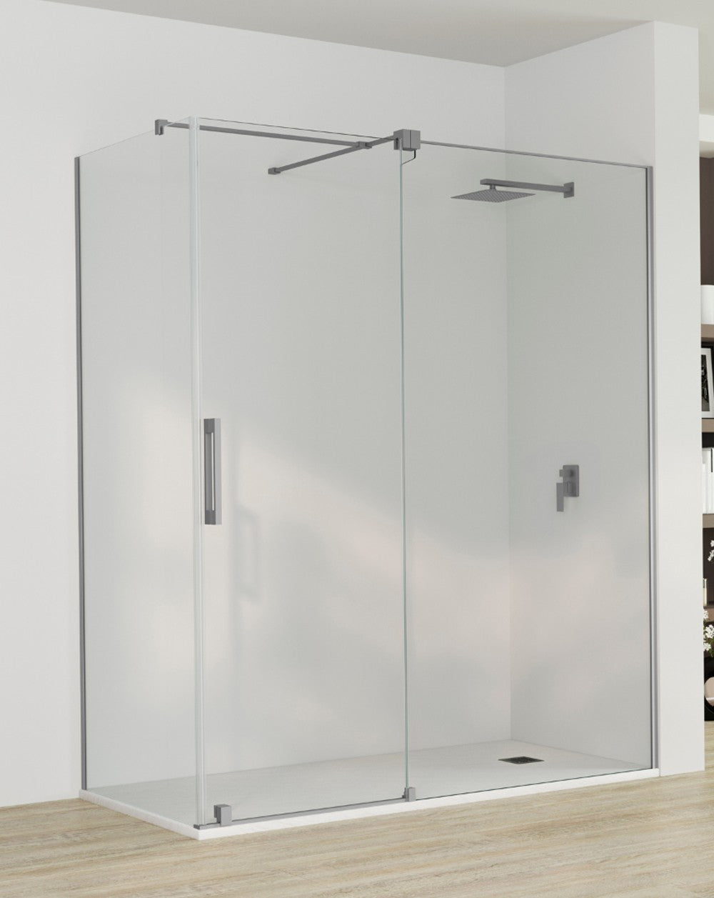 Roma Rectangular Front Sliding Shower Screen | 1 Door and Fixed Side | 8mm Anti-Limescale Glass Height 195cm | Titanium - 