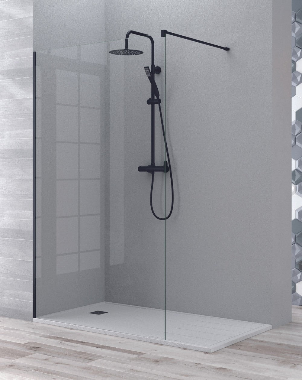 Paroi de douche fixe Manacor | Verre trempé anticalcaire de 8 mm | 195 cm de hauteur | Noir mat - 