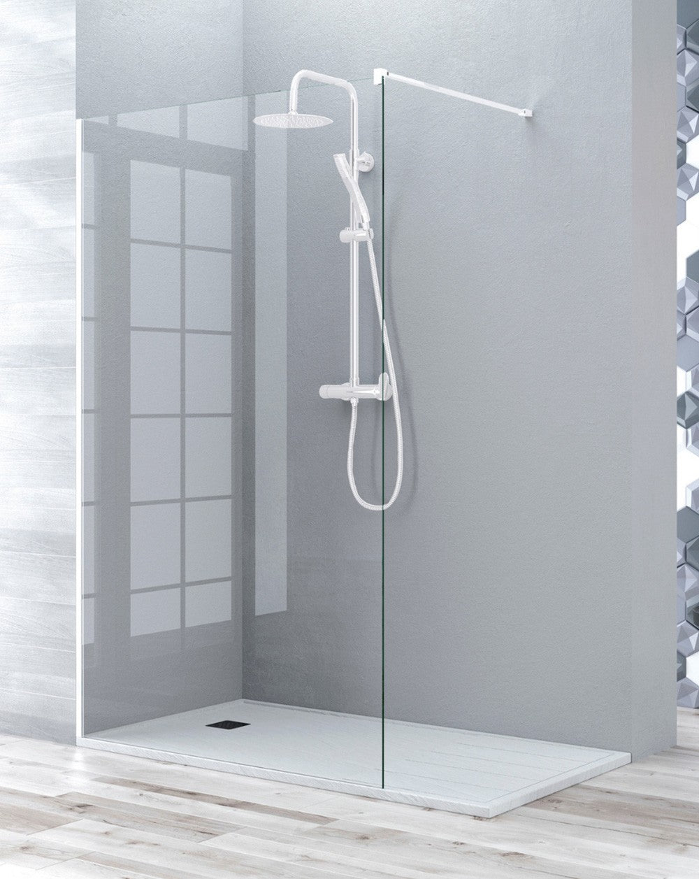 Manacor Fixed Walk In Shower Screen | 8mm Anti-limescale Tempered Glass | 195cm Height | Matt White - 