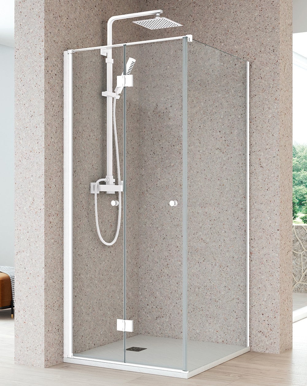 Paroi de douche rectangulaire Vera avec porte pliante 1 côté fixe | 6 mm antique 195 cm de hauteur | Blanc mat  - 