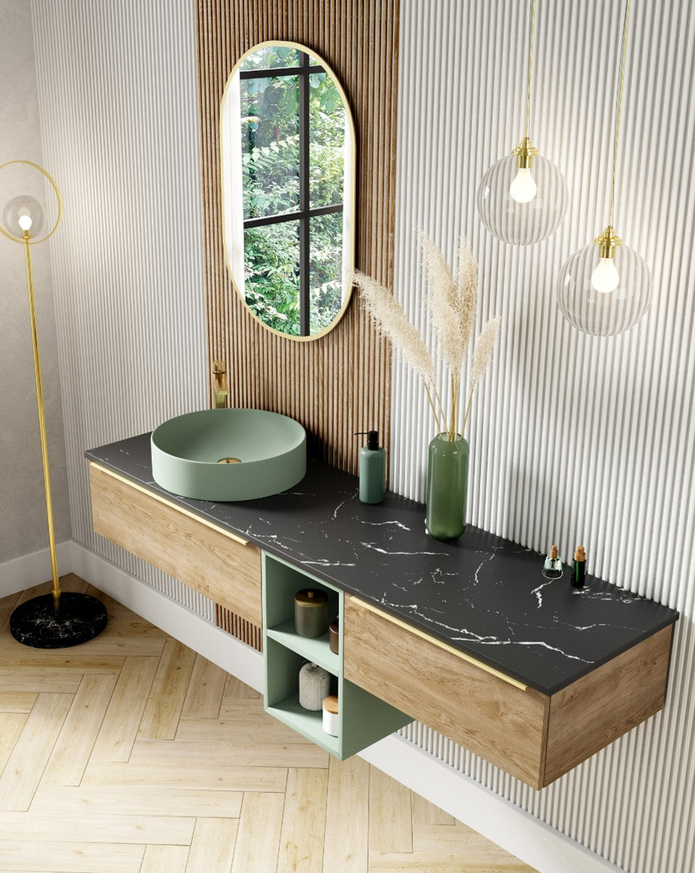 Landes 12 Modular Suspended Bathroom Furniture with Black Marble Style Top and Countertop Washbasin | Customizable  - 