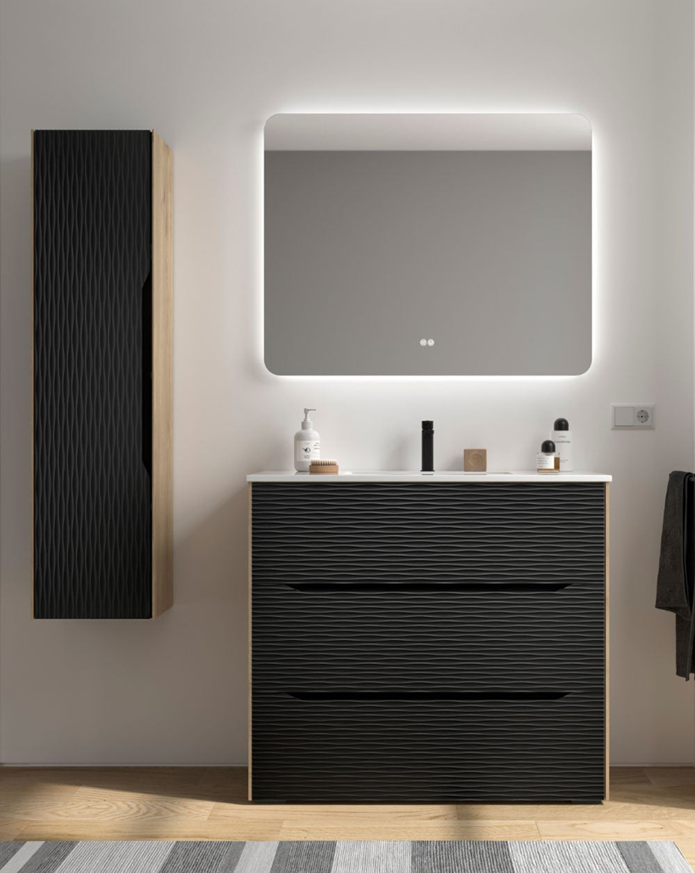 Nubia Mueble de Baño al Suelo con Lavabo Ceramico | 3 cajones Cierre Amortiguado y Organizador | Lavabo Onix | Negro Mate - 