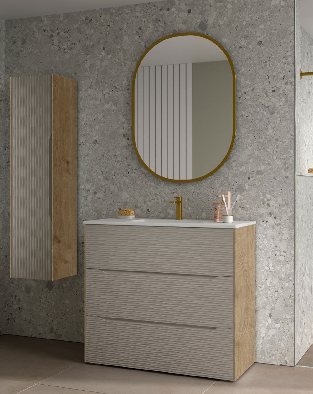 Nubia Mueble de Baño al Suelo con Lavabo Ceramico | 3 cajones Cierre Amortiguado y Organizador | Lavabo Onix | Moka Mate - 