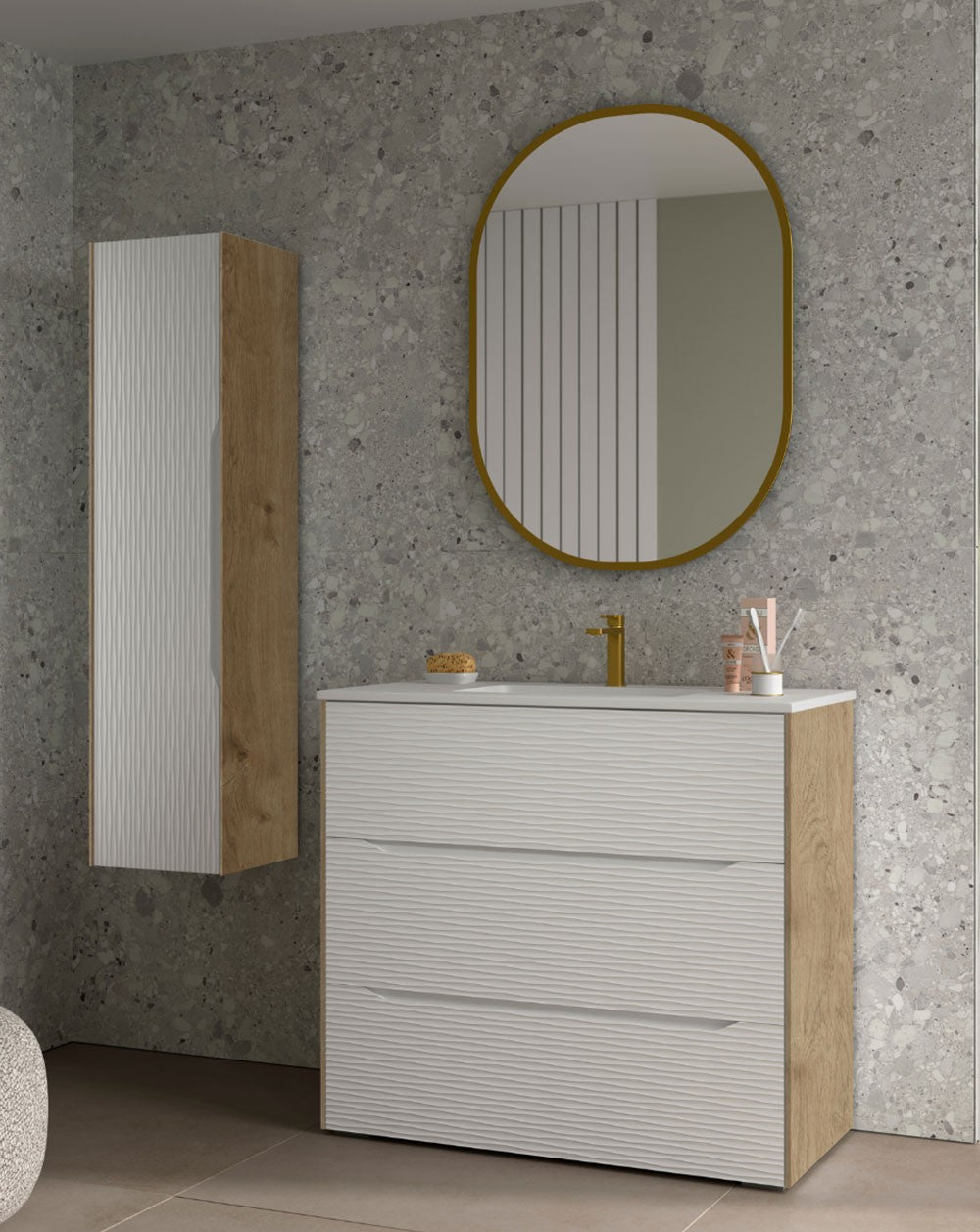 Nubia Mueble de Baño al Suelo con Lavabo Ceramico | 3 cajones Cierre Amortiguado y Organizador | Lavabo Onix | Blanco Mate - 