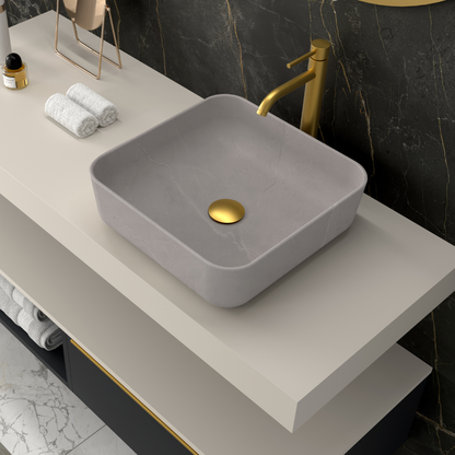 Barbados Lavabo Sobre Encimera Resina Gris Cemento | Lavamanos Baño para Encimera Cuadrado | 37x37cm