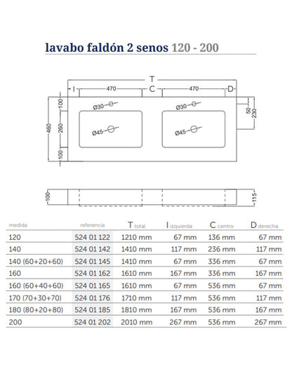 Lavabo con Faldón para Baño Solid Surface Suspendida | Lavabo Flotante (Un Seno Centrado ó 2 Senos)|  Fondo 46cm | Espesor 10cm