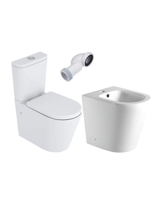 Toilettes rondes complètes Gin Combo | Blanc brillant | Fond réduit avec réservoir et bidet au sol