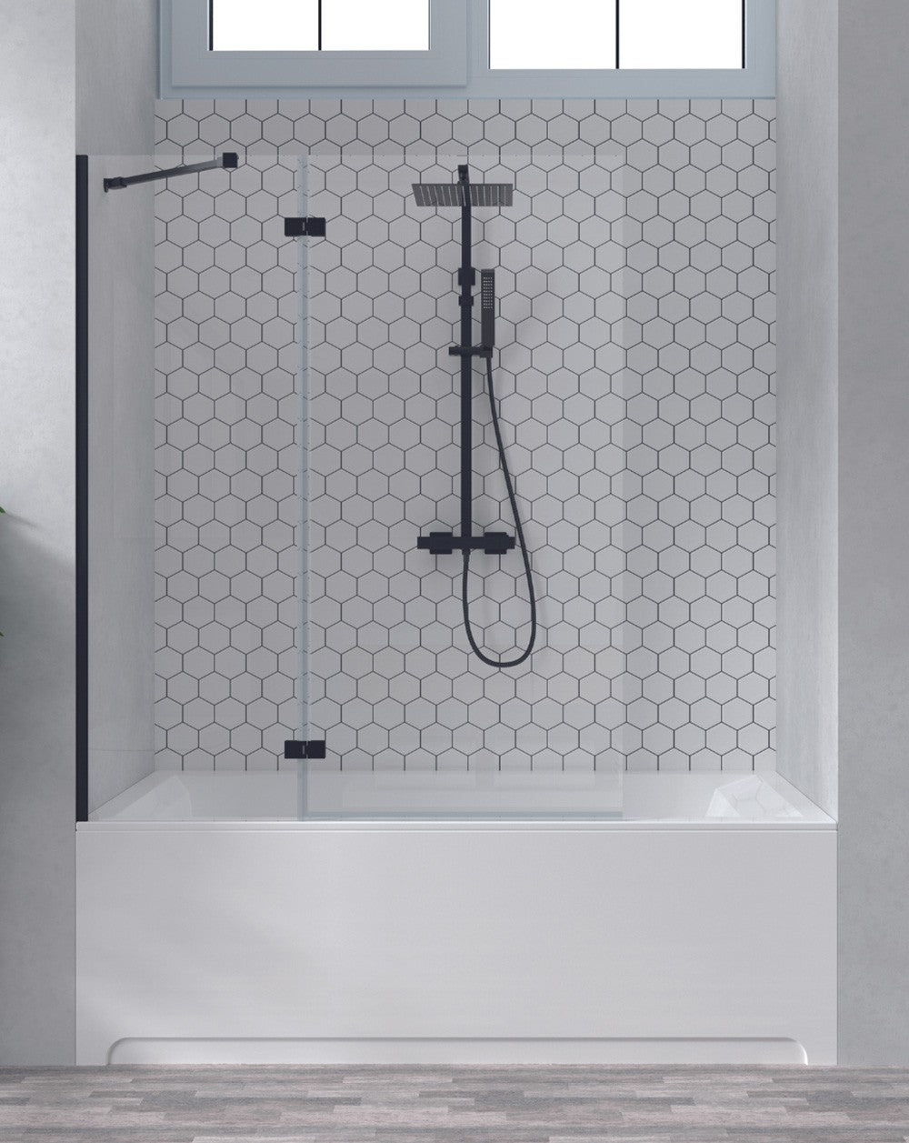 Paroi de douche fixe Zahara + 1 porte pliante | Verre trempé anticalcaire 6 mm | 150 cm de hauteur | 50+70cm | Noir mat - 