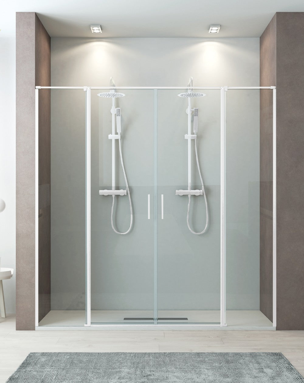 Paroi de douche frontale Javea avec 2 portes centrales pliantes + 2 verres fixes | Verre 6mm | 195 cm de hauteur | Blanc mat - 