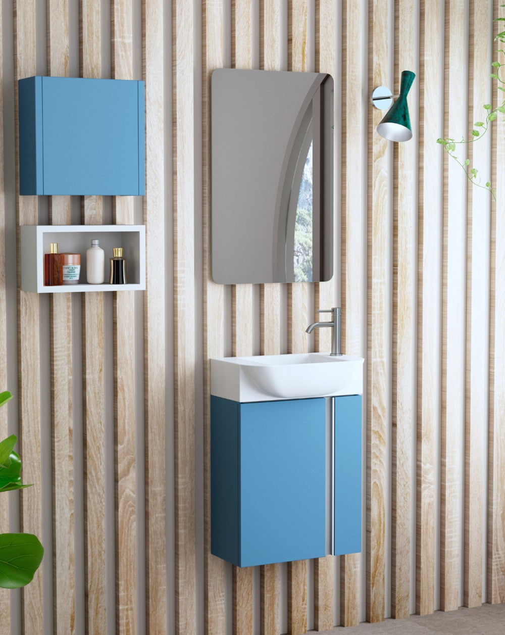 Versa 45 Meuble de salle de bain suspendu au mur à profondeur réduite | Petit meuble de toilette suspendu avec 1 porte et vasque en céramique | 45 cm | Mate de l'île  - 