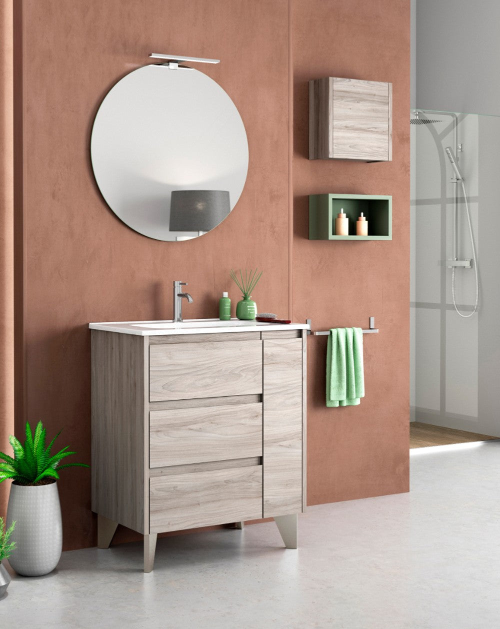 Cervino Floor Standing Bathroom Cabinet with Ceramic Sink | 3 Drawers and 1 Door with Soft Close | Grey Pine  - 