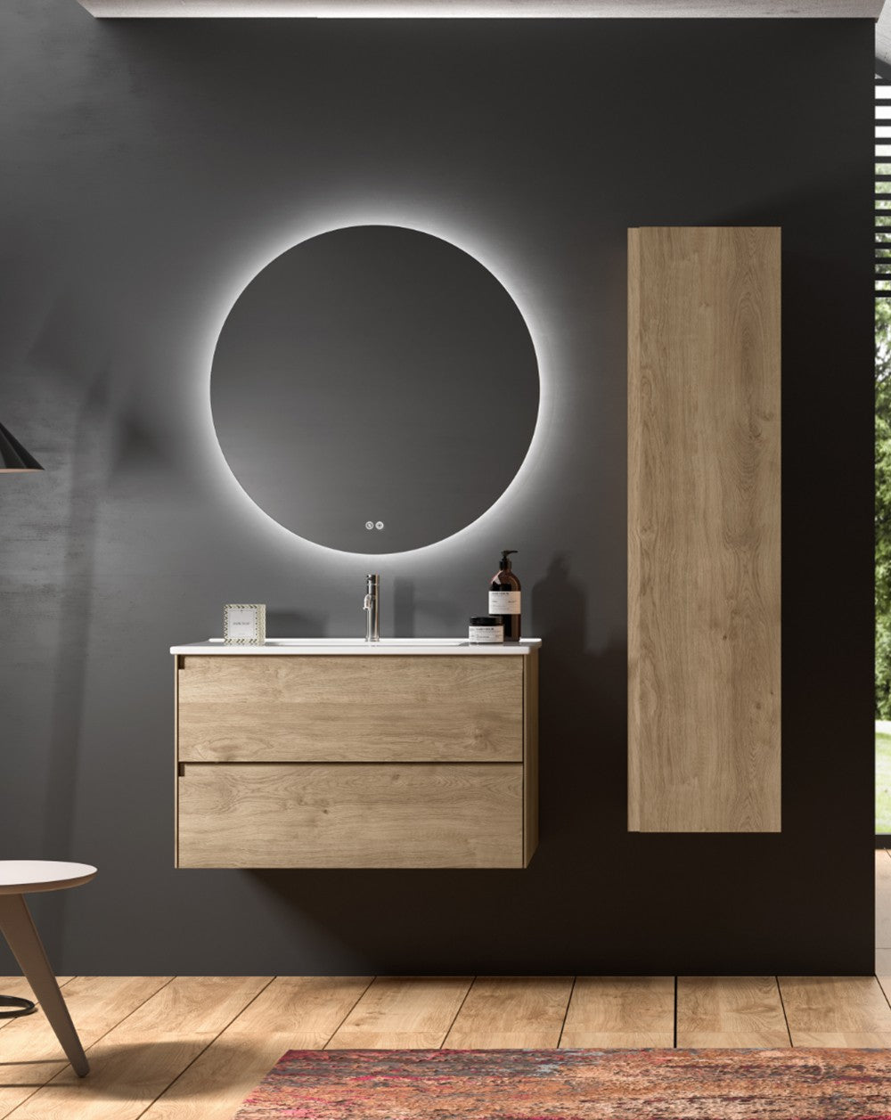 Praga Mueble de Baño Suspendido con Lavabo Cerámico | Mueble Baño Volado de 2 cajones | Roble Natural - 