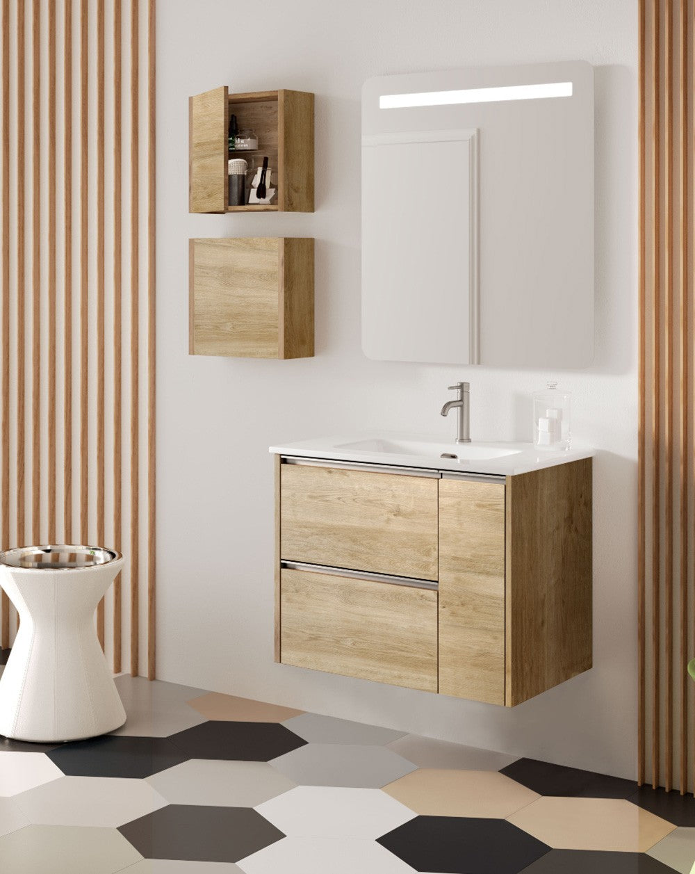 Nevi Wall-Mounted Bathroom Cabinet with Ceramic Sink | 2 Drawers and Side Door with Soft-Close and Organizer | Natural Oak - 