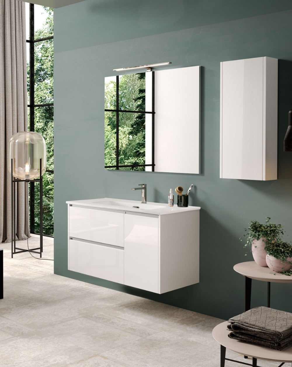 Nevi Wall-Mounted Bathroom Cabinet with Ceramic Sink | 2 Drawers and Side Door with Soft-Close and Organizer | Glossy White - 