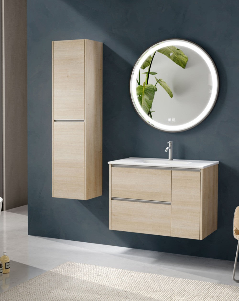 Nevi Wall-Mounted Bathroom Cabinet with Ceramic Sink | 2 Drawers and Side Door with Soft-Close and Organizer | Alpine - 