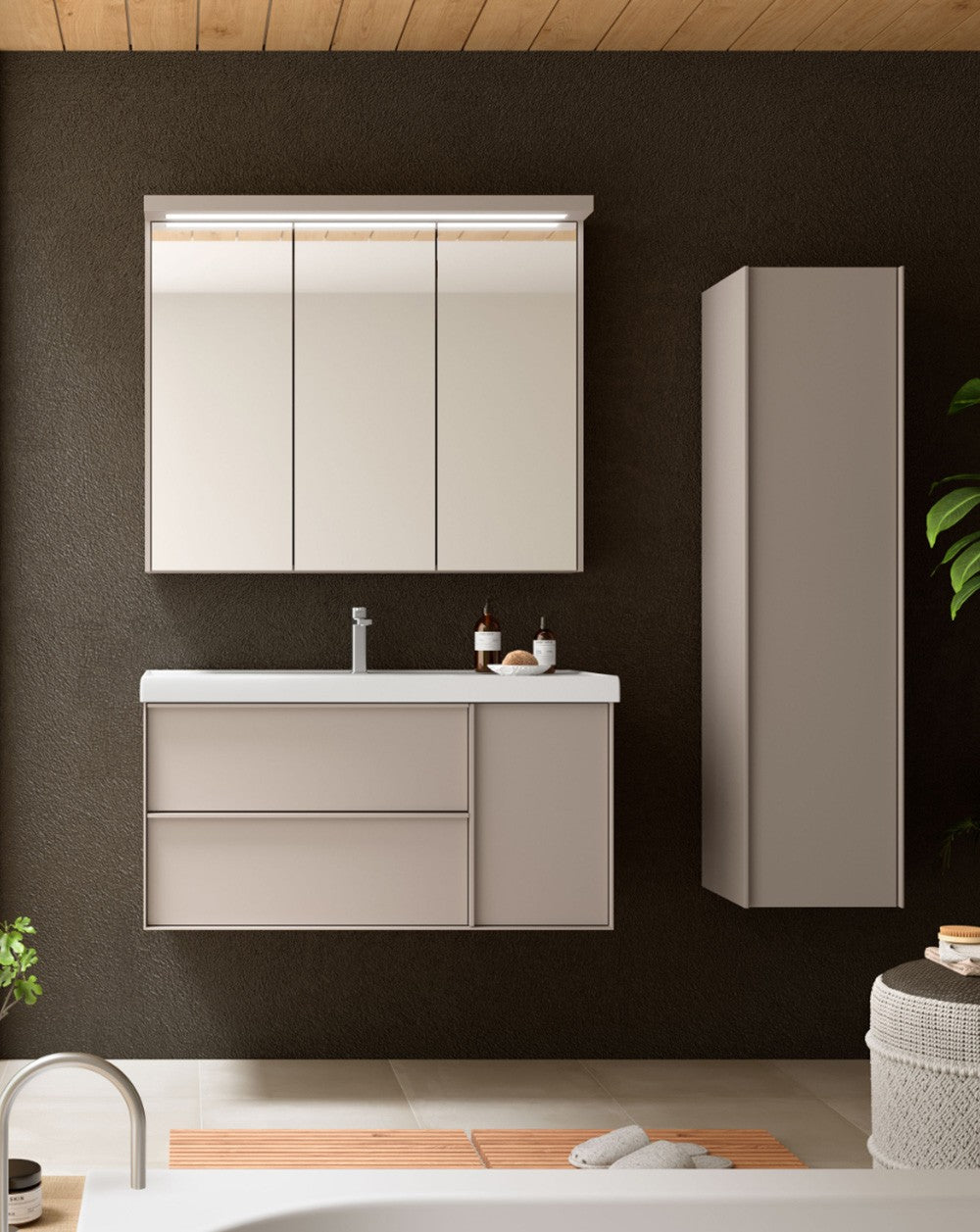 Oslo Mueble de Baño Suspendido con Lavabo Cerámico | Puerta Lateral con Cierre Amortiguado y Organizador | Moka Mate - 