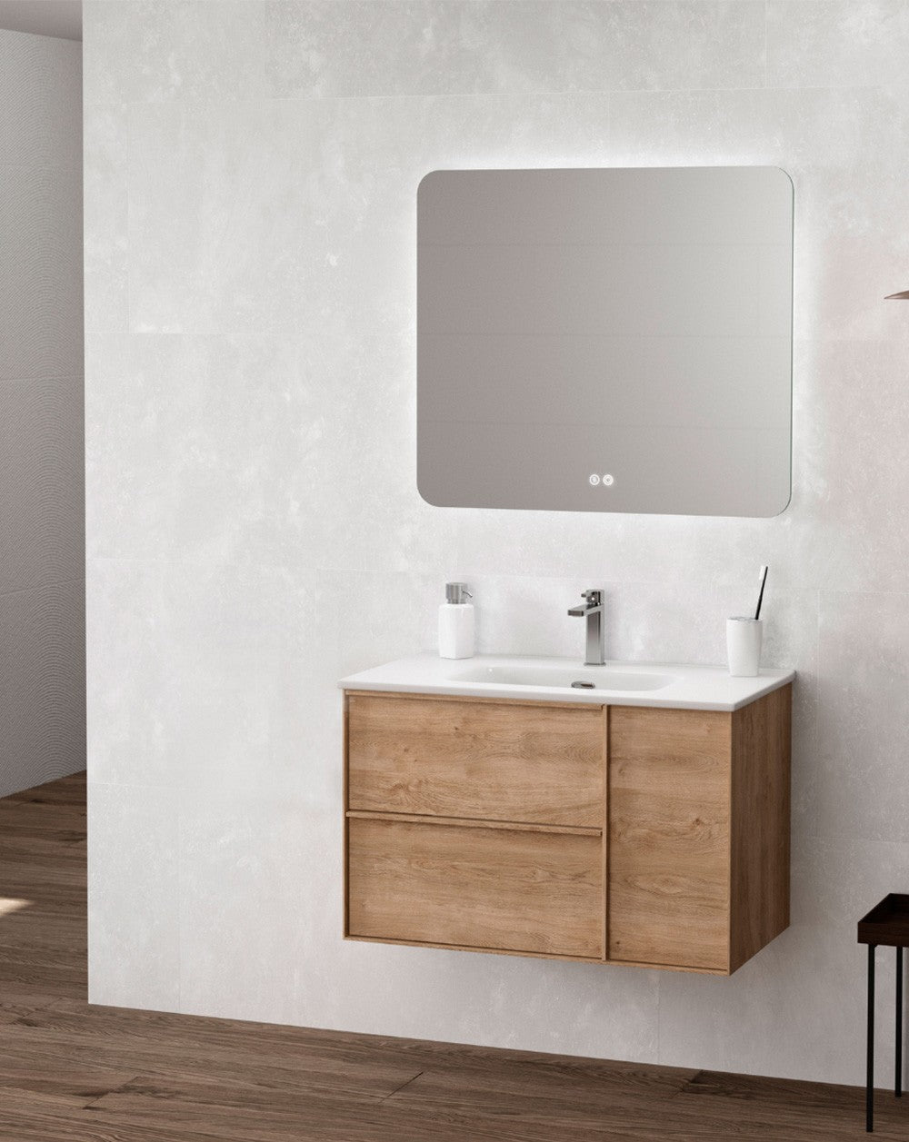 Oslo Mueble de Baño Suspendido con Lavabo Cerámico | Puerta Lateral con Cierre Amortiguado y Organizador | Roble Natural - 