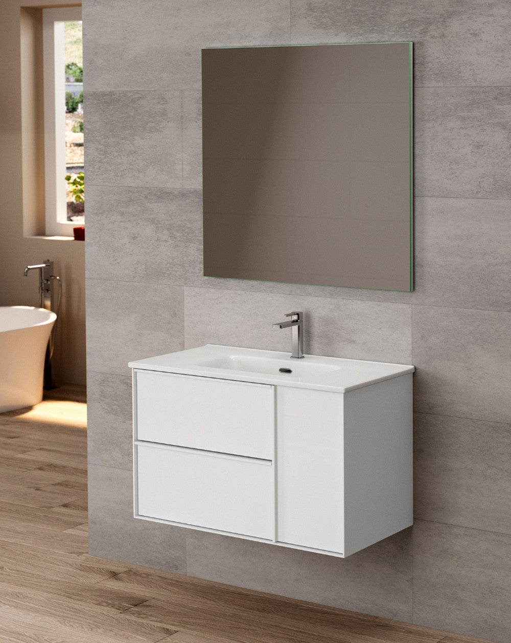 Oslo Mueble de Baño Suspendido con Lavabo Cerámico | Puerta Lateral con Cierre Amortiguado y Organizador | Blanco Mate - 