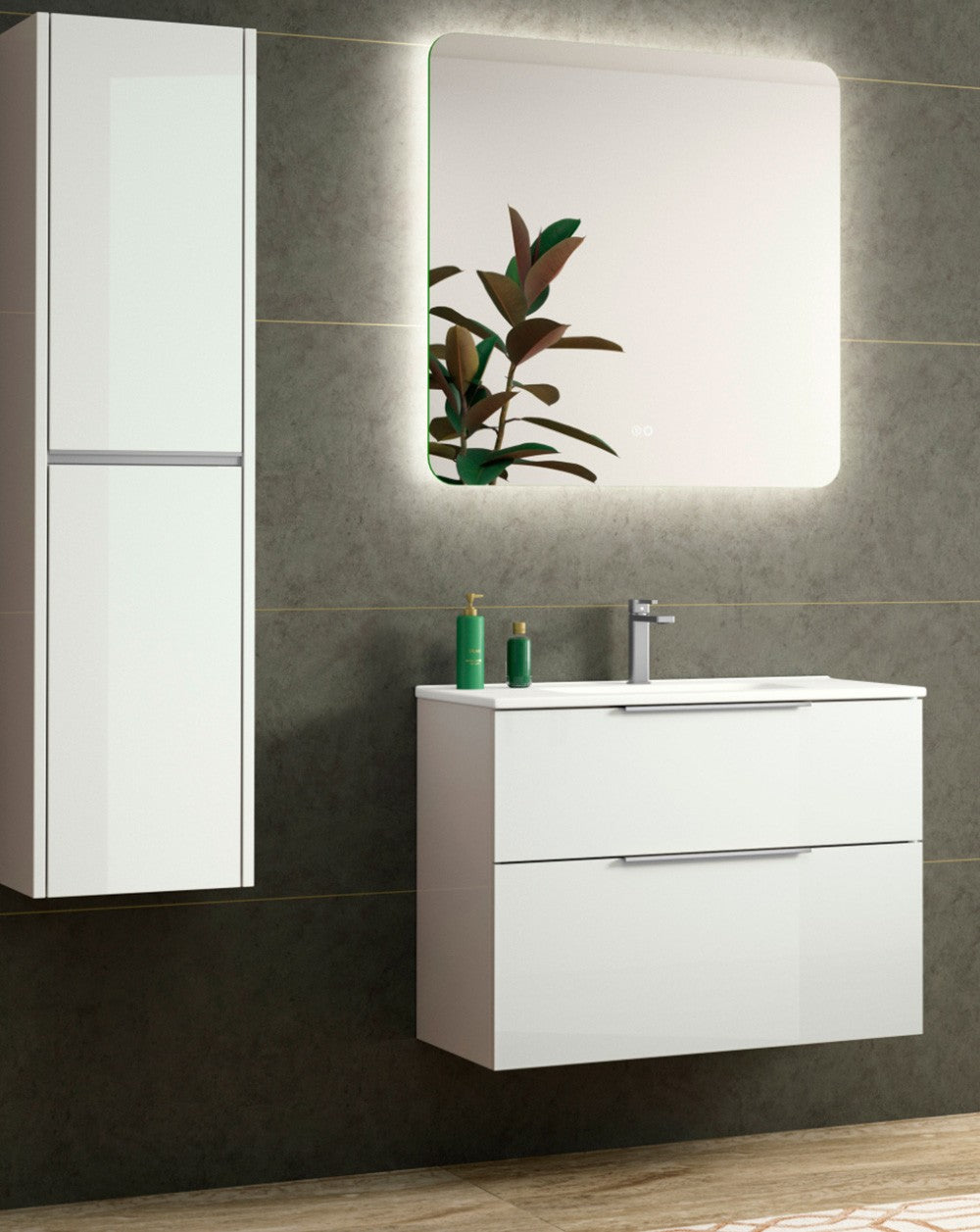 Comet Suspended Bathroom Furniture with Reduced Depth | 2 Drawers with Soft-Close and Ceramic Sink | Glossy White  - 