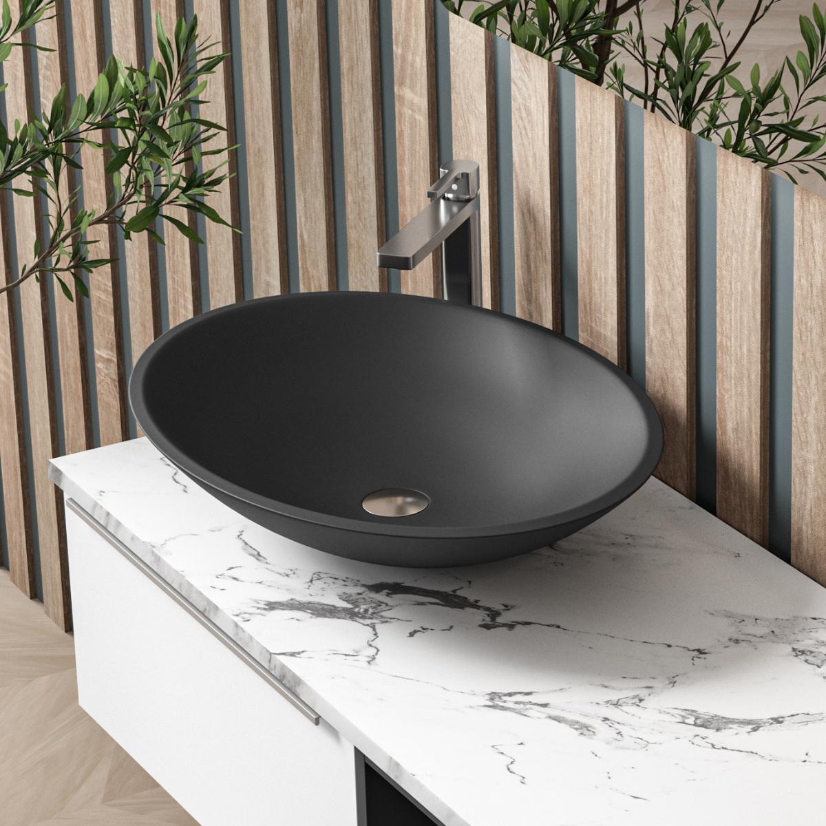 Lavatório de apoio de cerâmica branca fosca Otto | Pia de banheiro de bancada oval | 40cm de diâmetro 