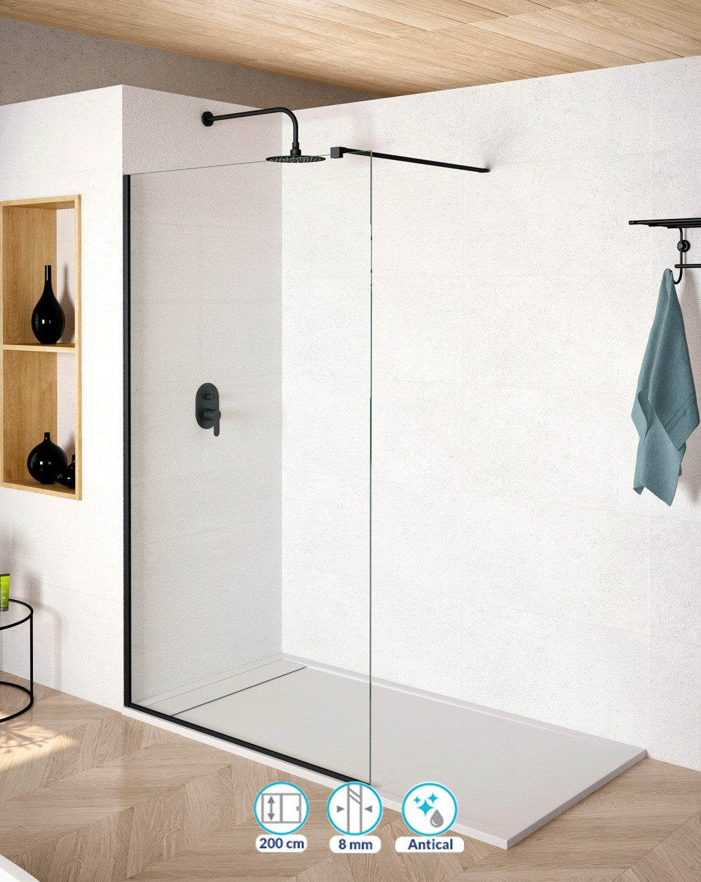 Málaga Paroi de douche fixe 1 ou 2 Fixe | Paroi de douche à panneau fixe | Verre Trempé 8mm Anticalcaire Transparent | Hauteur 200cm | Noir mat - 