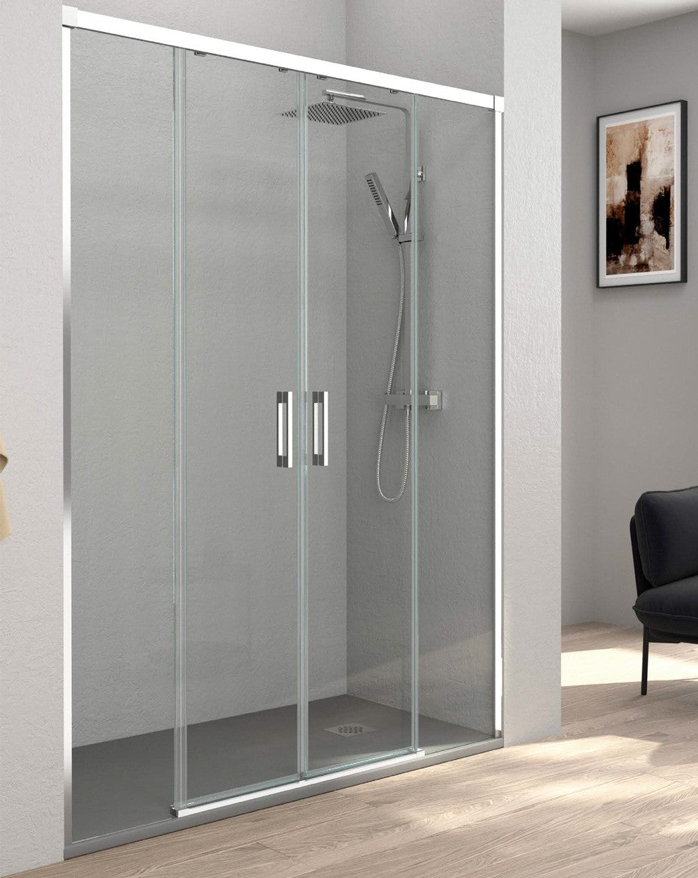 Paroi de douche frontale Patricia 2 portes - 2 fixes coulissantes | Verre trempé 6 mm | Anti-calcaire | Hauteur 195cm | Chrome brillant - 