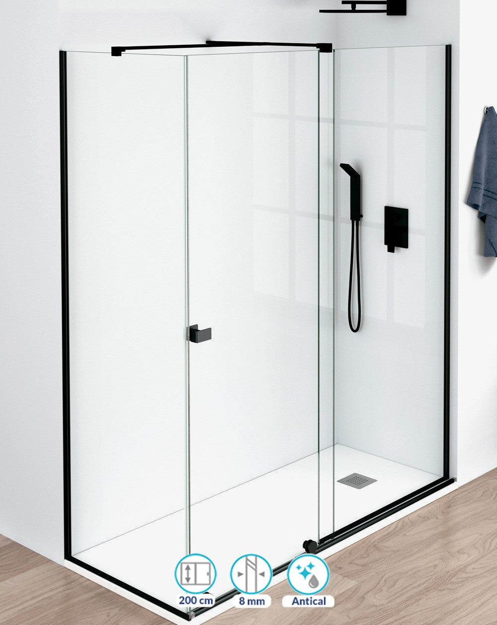 Málaga Rectangular Front Sliding Shower Screen | 1 Door 1 Fixed | 8mm Anti-limescale Glass Height 200cm | Matte Black - 