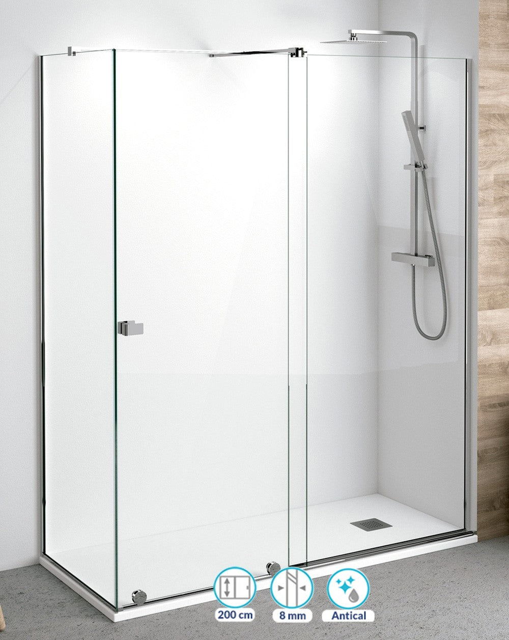 Málaga Rectangular Front Sliding Shower Screen | 1 Door 1 Fixed | 8mm Anti-limescale Glass Height 200cm | Glossy Chrome - 