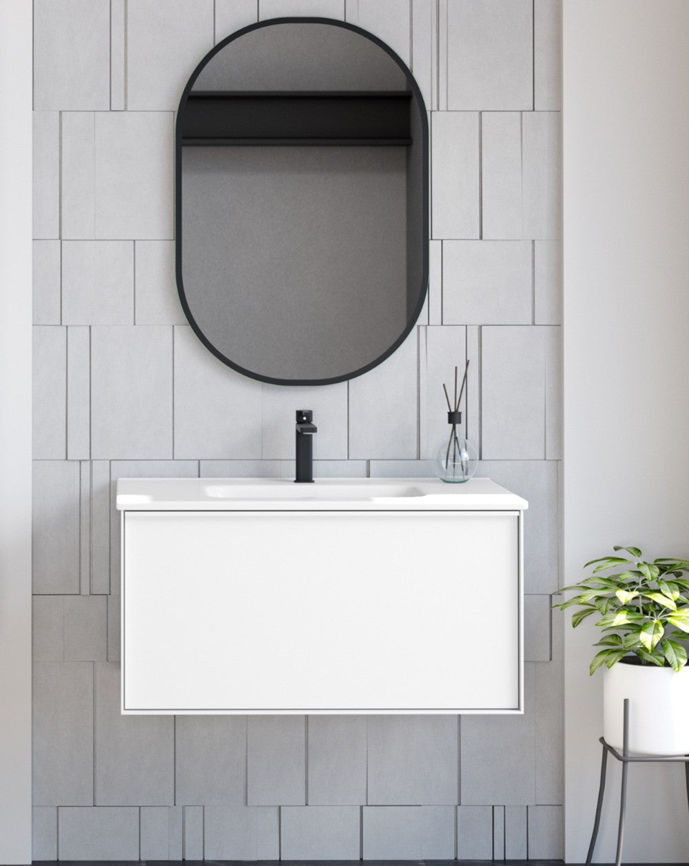 Berlin Suspended Bathroom Cabinet with Ceramic Sink | 2 Drawers with Soft-Close and Organizer | Glossy White  - 