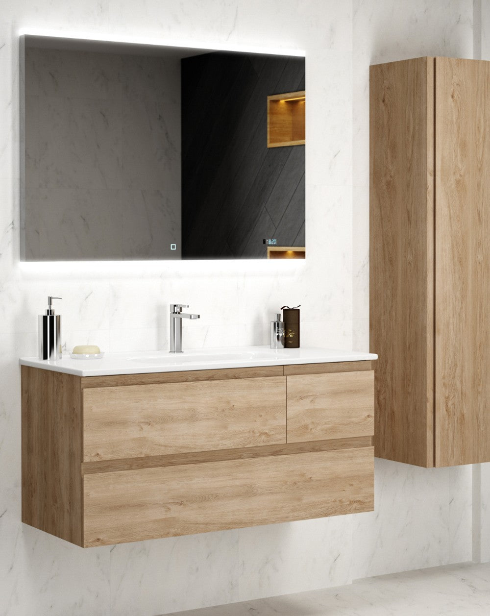 Luxor Suspended Bathroom Cabinet with Ceramic Sink | 3 Drawers | Grass Guides | Natural Oak  - 