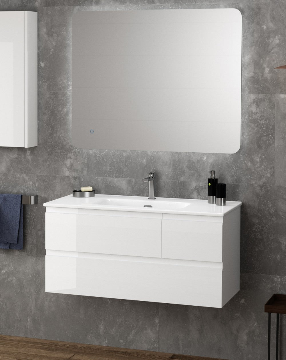 Luxor Suspended Bathroom Furniture with Ceramic Sink | 3 Drawers | Grass Guides | Glossy White  - 