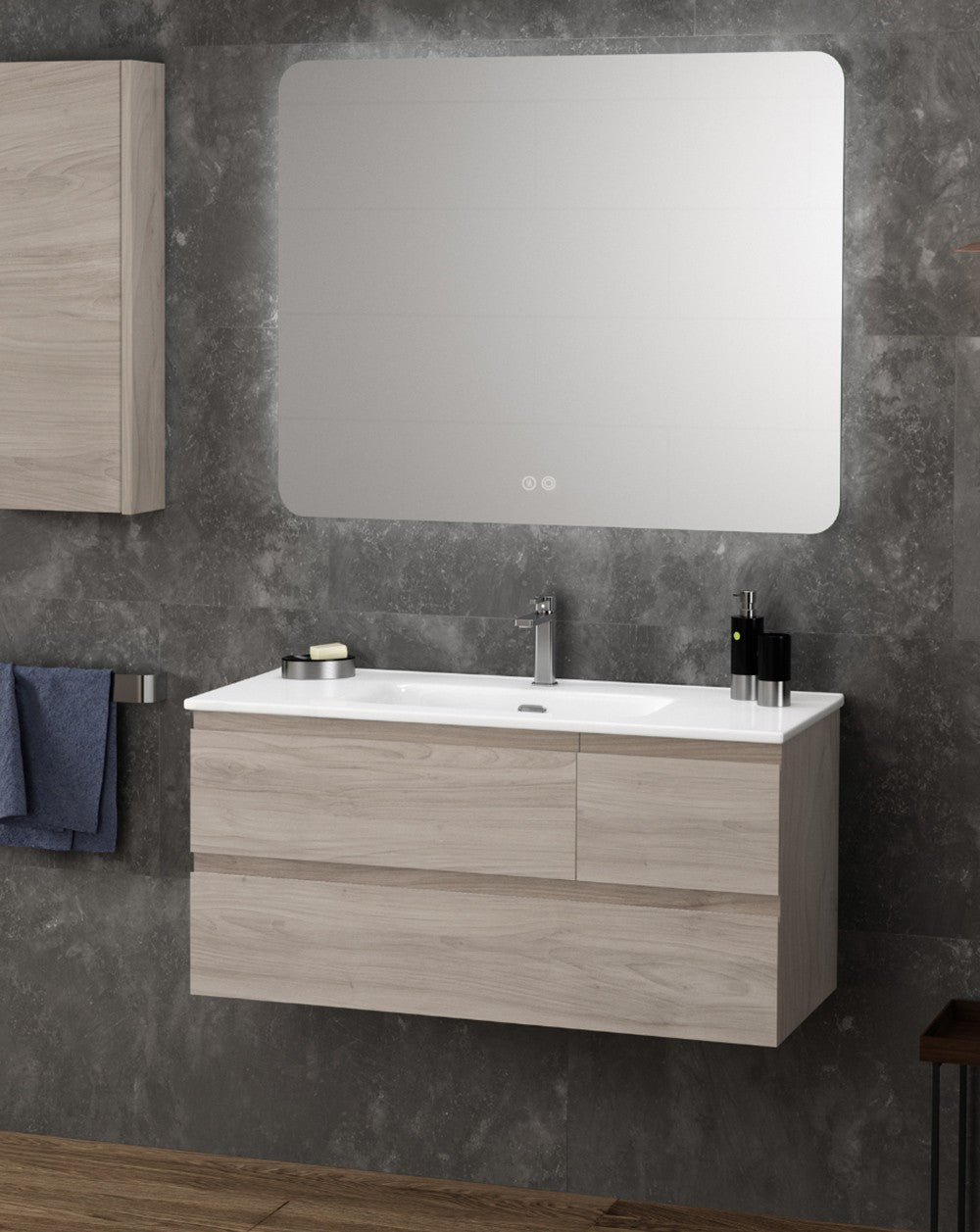 Luxor Suspended Bathroom Cabinet with Ceramic Sink | 3 Drawers | Grass Guides | Grey Pine  - 