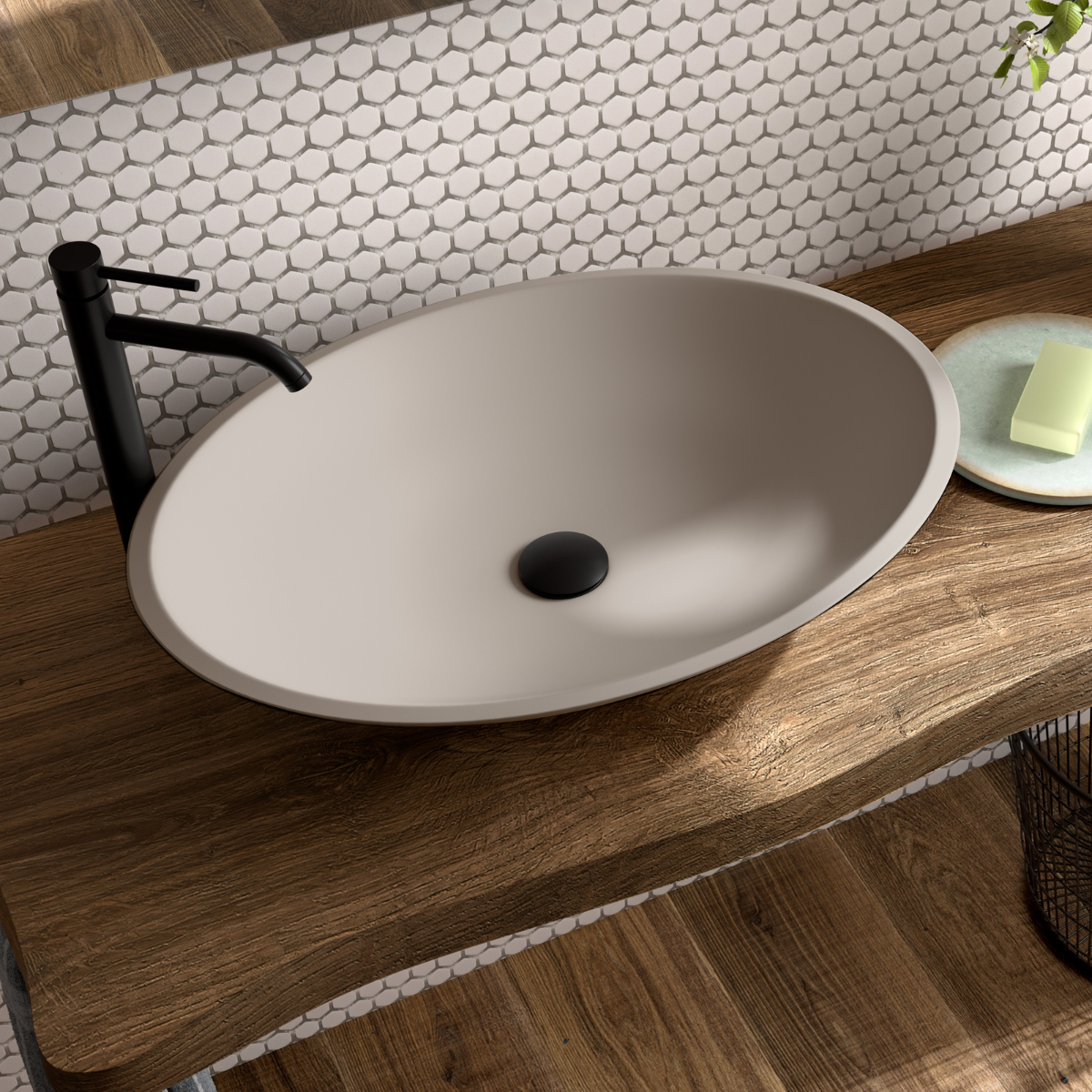 Lavatório de apoio de cerâmica branca fosca Otto | Pia de banheiro de bancada oval | 40cm de diâmetro 