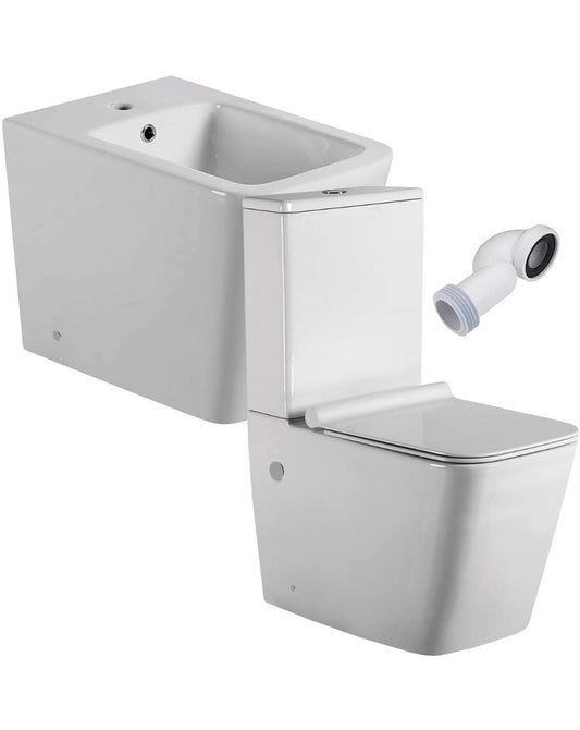 Pack WC Carré Complet Neptuno | Blanc brillant | Fond réduit sans rebord et couvercle rabattable rembourré + bidet de sol