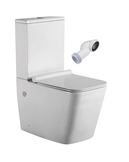 Neptuno Square Complete Toilet | Glossy White | Low Tank Toilet with Cistern and Elbow | Wall Mounted