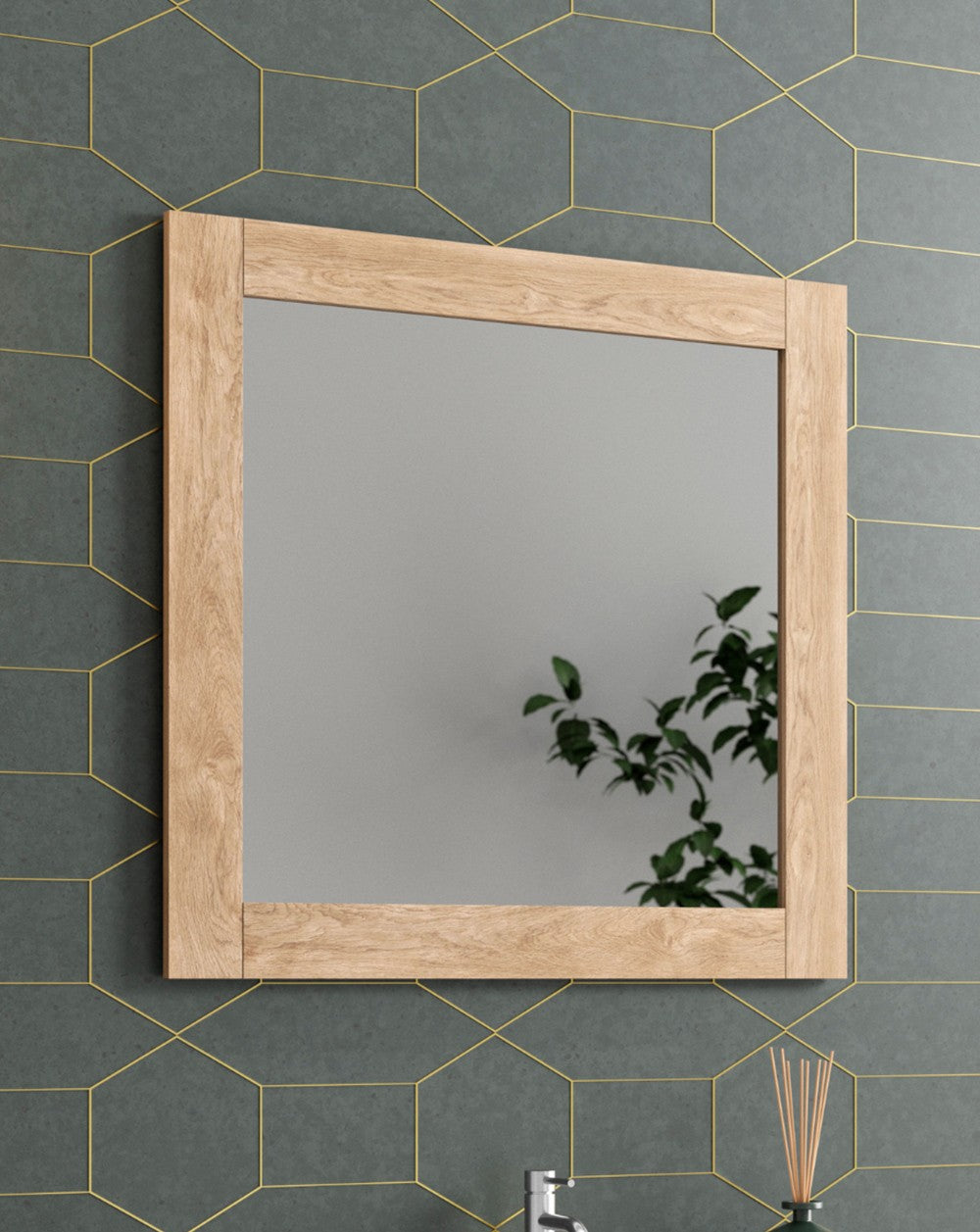 Tuscany Rectangular Wall Mirror on Wooden Base | Rectangular Decorative Mirror | Rectangular Bathroom Mirror 60-80-100cm | Natural Oak  - 