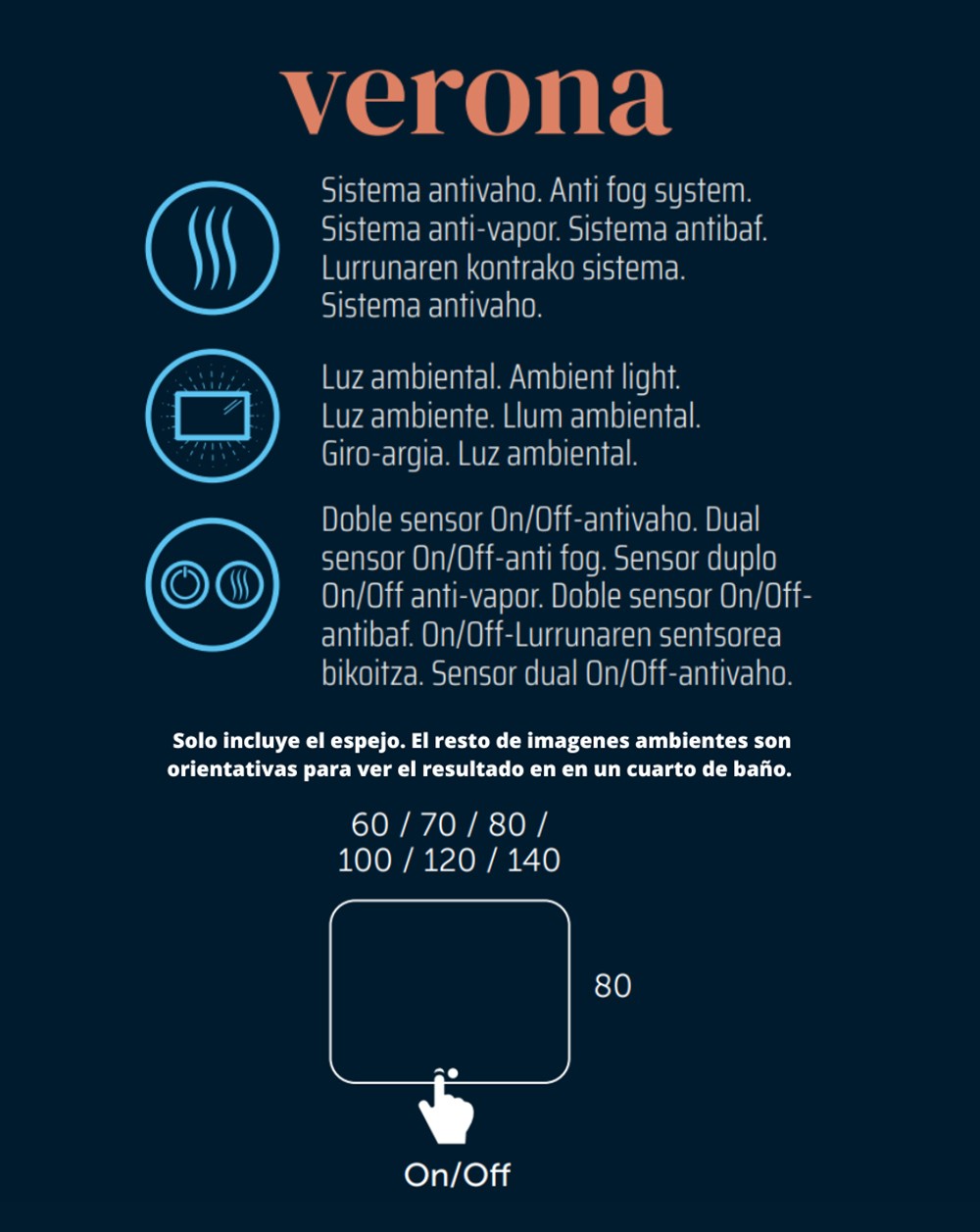 Espelho retangular de parede para banheiro Verona | Luz Ambiente | Sensor de toque ligado/desligado 