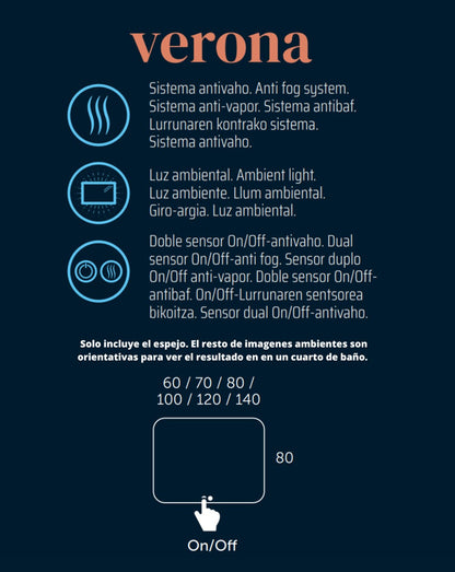 Espelho retangular de parede para banheiro Verona | Luz Ambiente | Sensor de toque ligado/desligado 