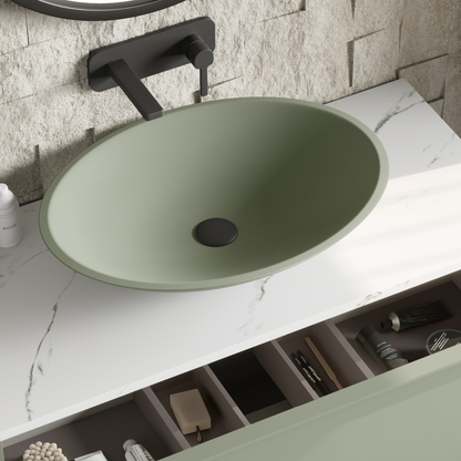 Lavatório de apoio de cerâmica branca fosca Otto | Pia de banheiro de bancada oval | 40cm de diâmetro 