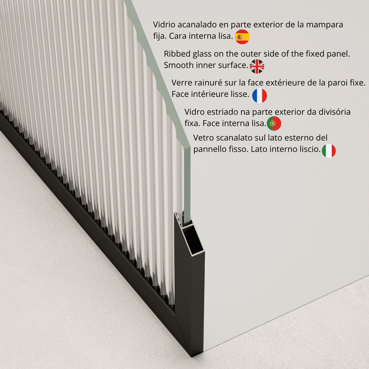 Mampara Ducha Fija Acanalado | Panel Fijo Ducha Vidrio Acanalado 8mm Antical y 195cm de Altura| Mampara Walk In Enmarcada Perfil Oro